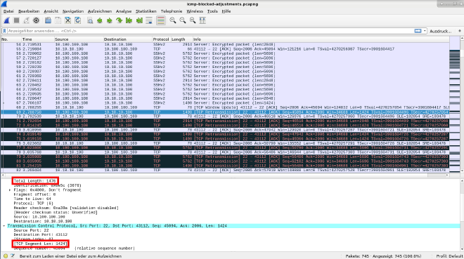 We can see packets with 5762 bytes, so the TCP retransmission will much more in this case